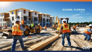 Construction workers in safety gear at an active building site in Ocoee, Florida, highlighting local development and infrastructure projects.