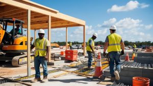 Active construction site in Ocoee, Florida, featuring workers and heavy machinery building residential housing developments under a bright blue sky.