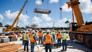 Construction workers on a busy site in Orlando, Florida, coordinating tasks near cranes and construction equipment under a bright blue sky.