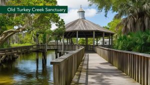 Scenic gazebo and wooden walkway in the Old Turkey Creek Sanctuary in Palm Bay, Florida, surrounded by trees and calm water.