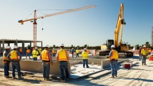 Construction workers wearing safety vests and helmets on a sunny day at a construction site in Palm Bay, Florida, with cranes and heavy machinery in the background.