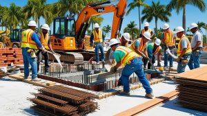 Team of construction workers pouring concrete and reinforcing steel bars at a construction site in Palm Bay, Florida, surrounded by palm trees and heavy equipment.