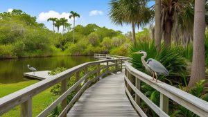 Wooden boardwalk surrounded by lush greenery and wildlife at a serene nature park in Palm Bay, Florida, featuring a heron near the water.