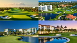 Collage of luxury golf courses and resorts in Palm Beach Gardens, Florida, highlighting scenic fairways, elegant architecture, and waterfront views.