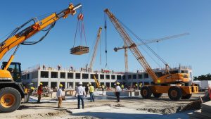 Construction site in Palm Beach Gardens, Florida, showcasing cranes and workers building a large multi-story structure under clear blue skies.