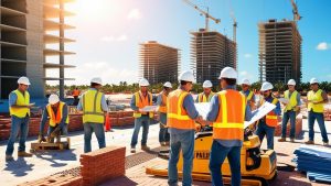 Group of construction workers in safety vests and helmets collaborating on a high-rise building project in Palm Beach Gardens, Florida, surrounded by tropical scenery.