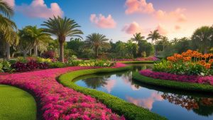 Beautifully landscaped garden in Palm Beach Gardens, Florida, featuring vibrant flowers, lush greenery, and a serene pond during sunset.