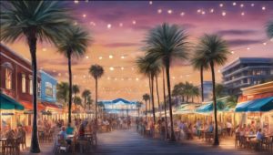 Panama City, Florida, downtown area lit with string lights at sunset, featuring palm trees, outdoor dining, and a vibrant community atmosphere.