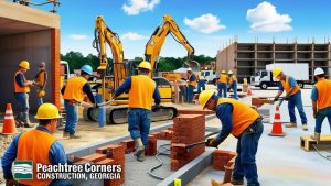 Construction workers in Peachtree Corners, Georgia, building a commercial structure with bricklaying and heavy machinery in the background.