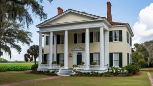 Elegant historical plantation-style house in Florida, featuring classic columns, green shutters, and manicured landscaping under a serene sky.