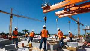 Construction workers in orange vests and hard hats at an active job site in Plantation, Florida, featuring large cranes, modern equipment, and sunny weather.