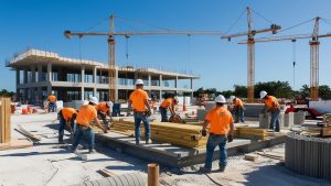 Construction team assembling materials on-site with a concrete building framework and multiple cranes in Plantation, Florida, highlighting development and progress.