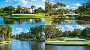 Lush golf course in Plantation, Florida, showcasing a picturesque landscape with water features, palm trees, and a white clubhouse under a bright blue sky.