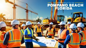 Construction crew in Pompano Beach, Florida, wearing safety vests and helmets, gathered around blueprints at a job site with cranes and machinery in the background.