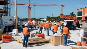 Construction workers at a bustling construction site in Port Orange, Florida, wearing safety gear, surrounded by trucks, cranes, and building materials under a clear blue sky.