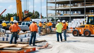 Team of construction workers at a project site in Port Orange, Florida, featuring cranes, heavy machinery, and an under-construction building in a vibrant outdoor setting.