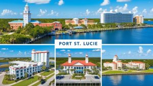 Collage of iconic landmarks in Port St. Lucie, Florida, featuring waterfront buildings, modern hotels, and vibrant community spaces.