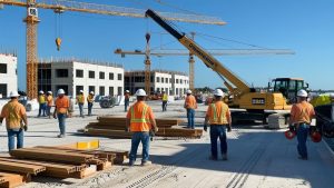 Construction workers and cranes at an active construction site in Port St. Lucie, Florida, showcasing a large-scale building project under development.