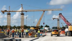 Wide view of a bustling construction site in Port St. Lucie, Florida, featuring cranes, heavy machinery, and workers coordinating on a large infrastructure project.