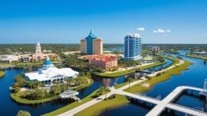 Scenic aerial view of Port St. Lucie, Florida, highlighting modern architecture, waterways, and lush green spaces in the heart of the city.