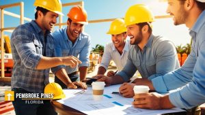 Happy construction professionals in Pembroke Pines, Florida, collaborating on a project at a site with blueprints and coffee cups, wearing yellow helmets.