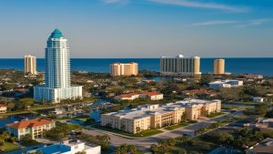 Aerial view of Pembroke Pines, Florida, featuring modern high-rise buildings, a scenic waterfront, and lush greenery under a clear blue sky.