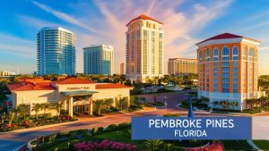 Pembroke Pines, Florida cityscape with luxury apartments, high-rise buildings, and a vibrant downtown area during sunset.