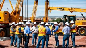 Construction workers and contractors gathered on-site in Pueblo, Colorado, discussing project plans near large cranes and heavy machinery for public development projects.