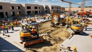 Active construction site in Pueblo, Colorado, showcasing workers operating excavators and heavy equipment for a large-scale residential or commercial development.