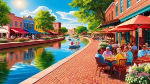 Beautiful canal-side view in Pueblo, Colorado, with vibrant outdoor cafes, colorful buildings, and people enjoying boat rides under sunny skies.