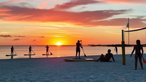 People enjoying paddleboarding and beach volleyball at sunset on Sarasota, Florida’s pristine shoreline.