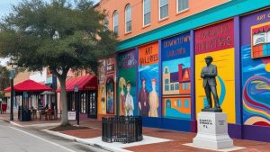 Colorful downtown Sarasota mural with vibrant art galleries and a historic statue under a tree-lined street.