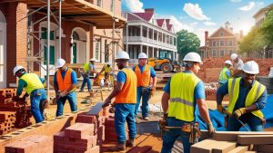 Construction workers in Savannah, Georgia, building a brick structure in a neighborhood with historic-style architecture and sunny weather.