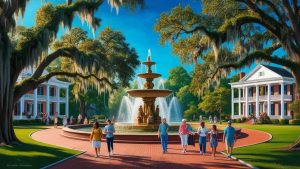 Picturesque fountain in Savannah, Georgia, surrounded by lush greenery, oak trees draped in Spanish moss, and visitors strolling in a scenic park.