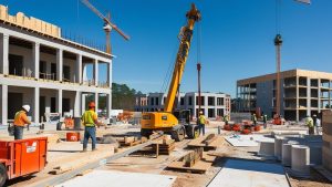 Active construction site in Savannah, Georgia, showcasing workers, cranes, and modern building structures under a clear blue sky.