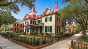 Historic building in Smyrna, Georgia featuring a red roof, green shutters, and a well-maintained garden with a sidewalk view.