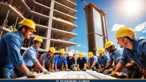 A team of construction workers wearing hard hats reviewing blueprints at a building site in St. Petersburg, Florida, with a high-rise under construction in the background.