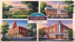 Illustrated scenes of Stamford, Connecticut, highlighting cultural and historical landmarks such as theaters and public buildings in vibrant artistic renderings.