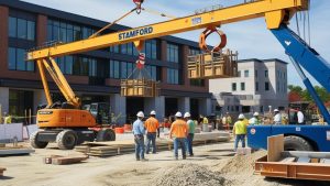 Construction site in Stamford, Connecticut, featuring workers in safety gear, a large crane marked 'Stamford,' and materials being lifted into place for a public or private project.