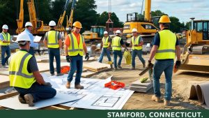 Group of construction workers in safety vests and helmets reviewing blueprints at a busy construction site in Stamford, Connecticut, with heavy machinery in the background.