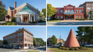 "Illustrated scenes of Stamford, Connecticut, highlighting cultural and historical landmarks such as theaters and public buildings in vibrant artistic renderings.