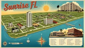 Illustrated map of Sunrise, Florida, showcasing landmarks, waterways, and a nostalgic design with a sunny background, highlighting the city's layout and attractions.