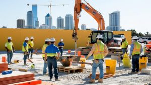 Construction workers in Sunrise, Florida, collaborating on a job site with safety gear and heavy equipment in the background, highlighting teamwork and infrastructure development.