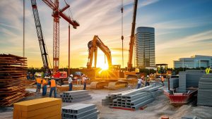 Sunset view of a construction site in Sunrise, Florida, featuring cranes, heavy machinery, and workers, emphasizing urban growth and infrastructure projects.