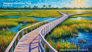 Sawgrass Sanctuary Park in Sunrise, Florida, featuring a vibrant boardwalk surrounded by lush wetlands, wildlife, and a scenic sunrise.