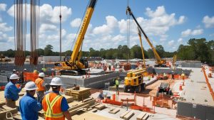 Active construction site in Tallahassee, Florida, featuring cranes, workers in safety vests, and ongoing infrastructure development under a clear blue sky