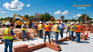 Construction team laying bricks and collaborating on a project in Tallahassee, Florida, with yellow excavators and a vibrant blue sky in the background.