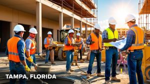 A group of construction workers in Tampa, Florida, collaborating and reviewing blueprints at a commercial project site under sunny skies.