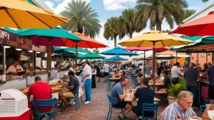 Outdoor food market in Tampa, Florida, featuring colorful umbrellas, dining tables, and people enjoying local cuisine under palm trees.