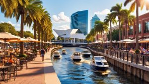 Picturesque view of the waterfront in Downtown Tampa, Florida, with boats cruising along the river, palm-lined pathways, and outdoor dining areas.